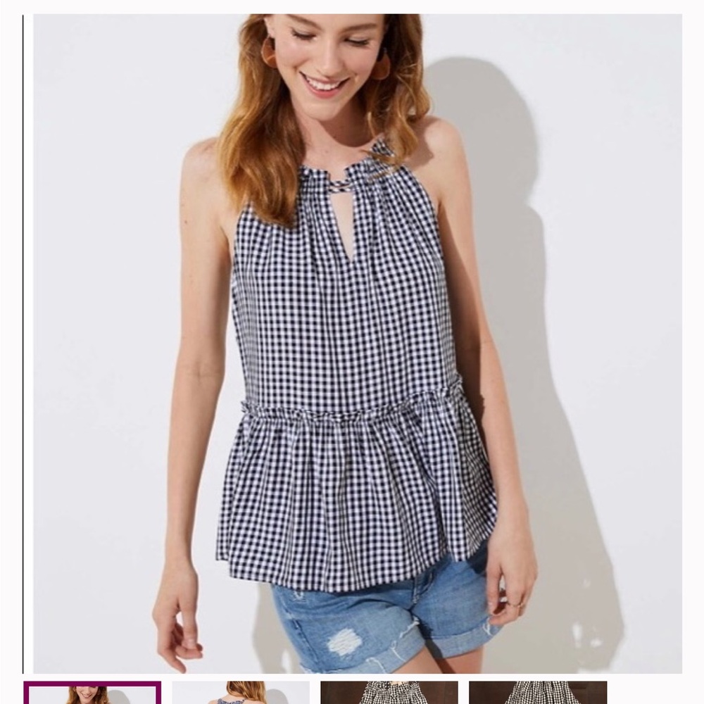 LOFT Black and White Gingham Ruffle Halter Top